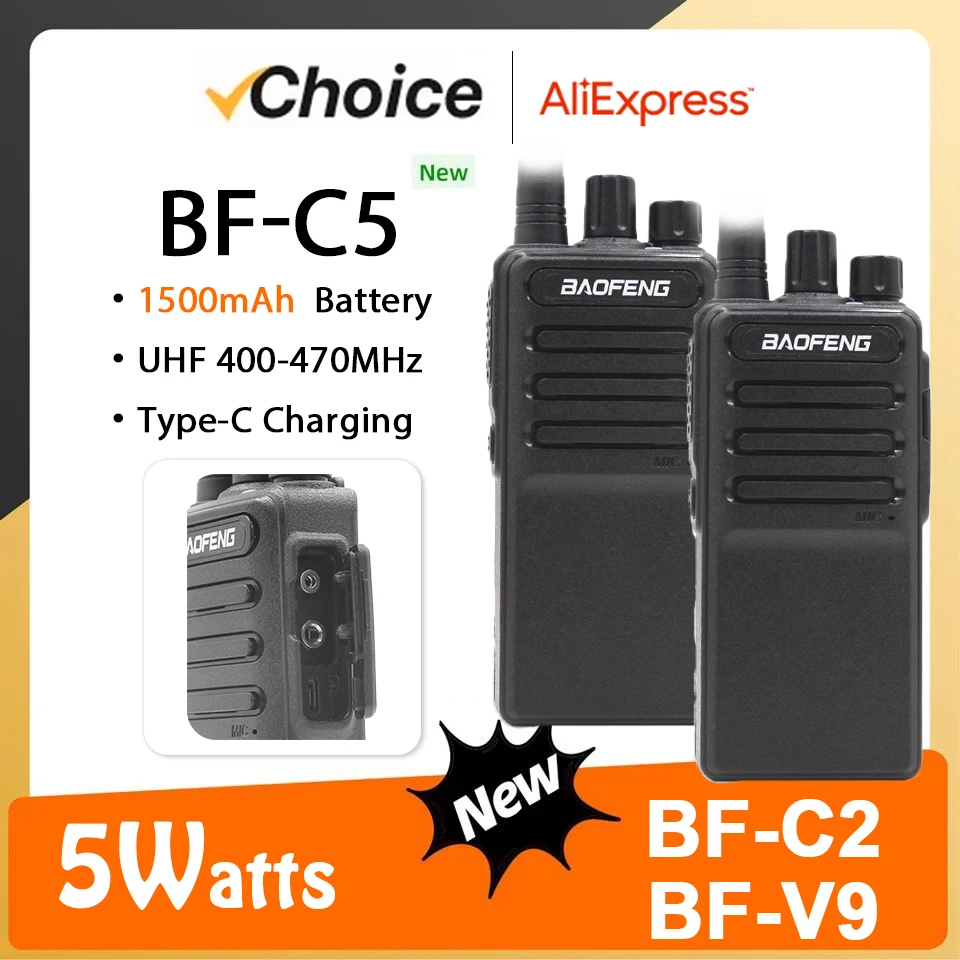 Baofeng BF-C5 워키토키 BF-V9 CB 양방향 햄 라디오 BF-C2, USB C 타입 충전기, 5 W 1500mAh UHF 400-470MHz 업그레이드 888S, 1 개, 2 개, 4 개 