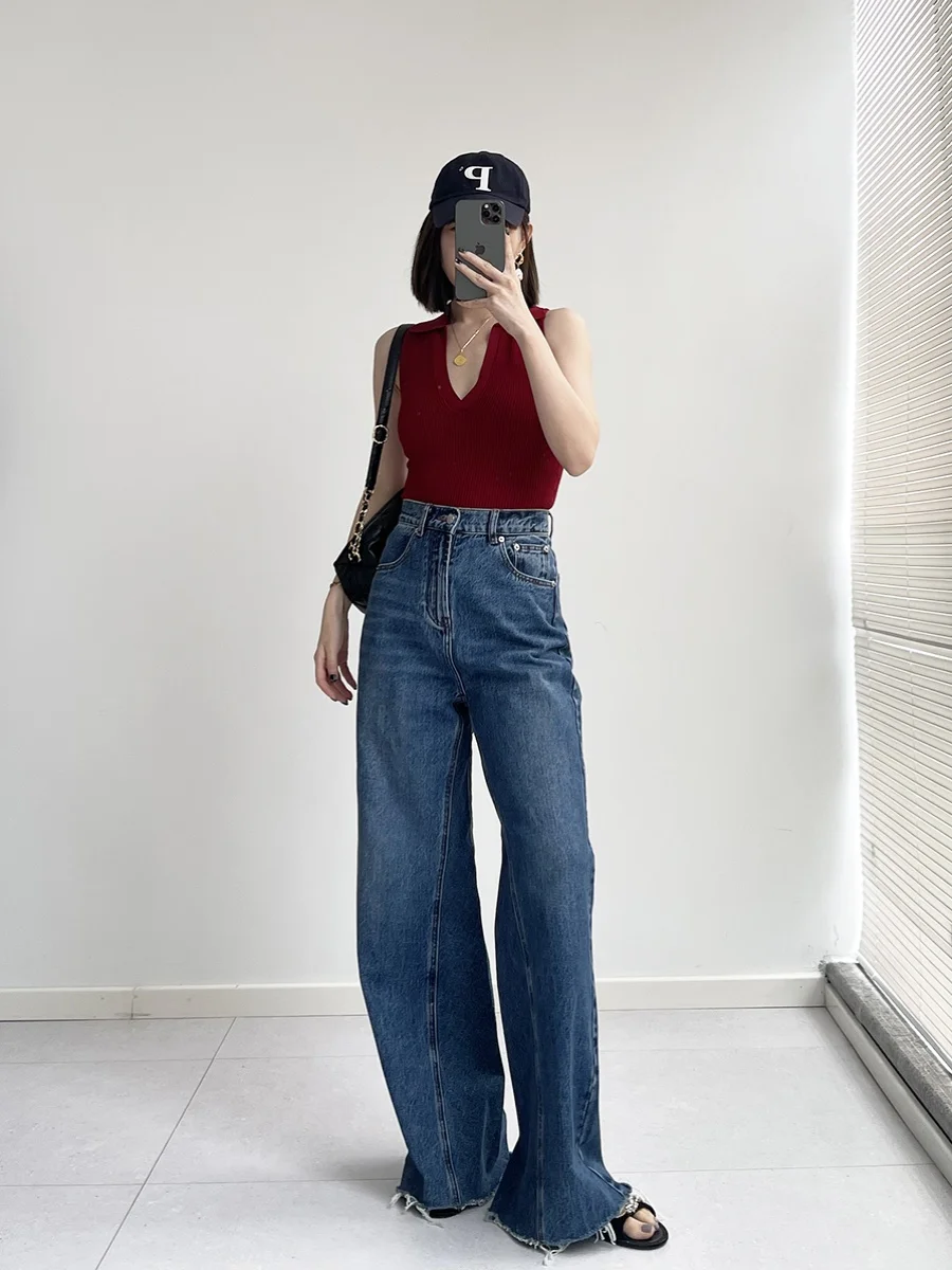 

Широкие джинсы с высокой талией, джинсы из чистого хлопка, без стрейч, винтажные синие джинсы Ele Sle, женские джинсы премиум-класса прямого кроя