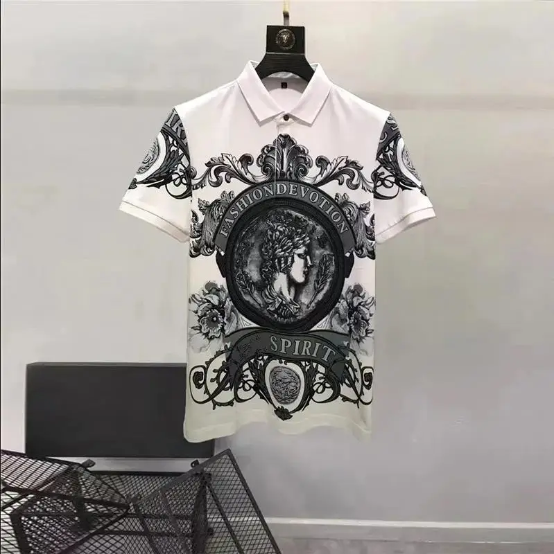 Europe and the United States men\'s 2024 summer new lapel Short-sleeved palace figure print fashion Casual T-shirt