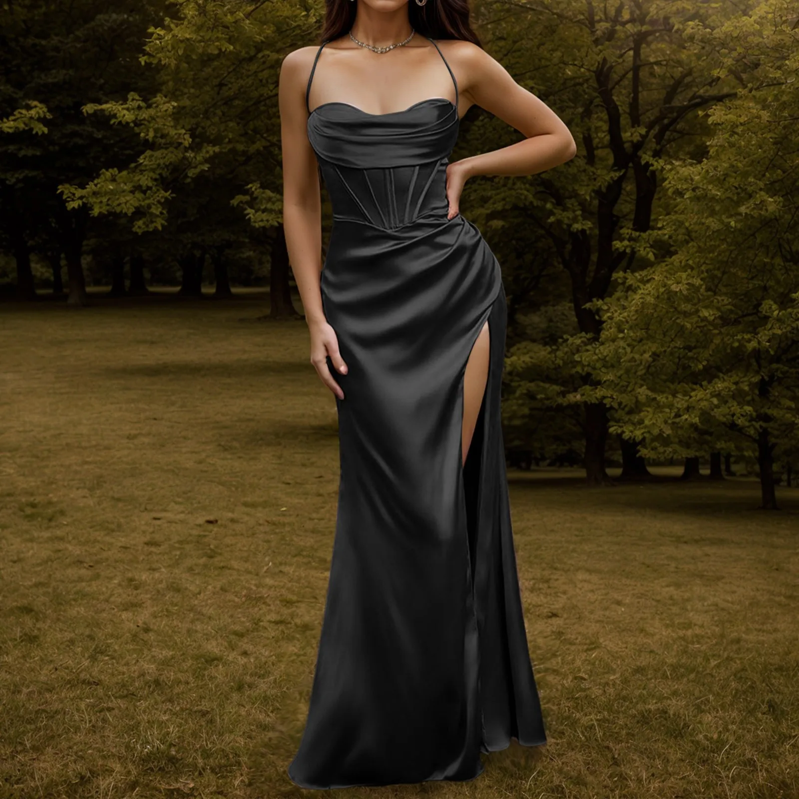 Elegant Dresses For Women Solid Color Spaghetti Strap Corset Bodycon Maxi Dress Side Slit Slim Party Prom Dresses For Women 2024