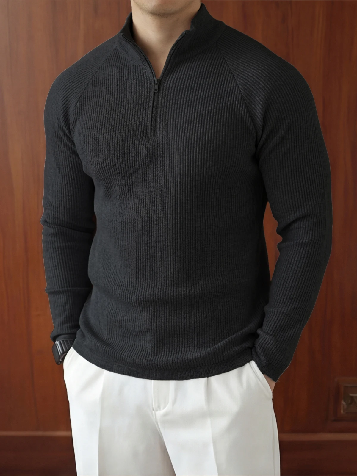 

Davidme Deep ey Zippered Stand Collar Long Sve T-irt Men's Spring Autumn Fitn Breathable Knitted Slim Fit Top