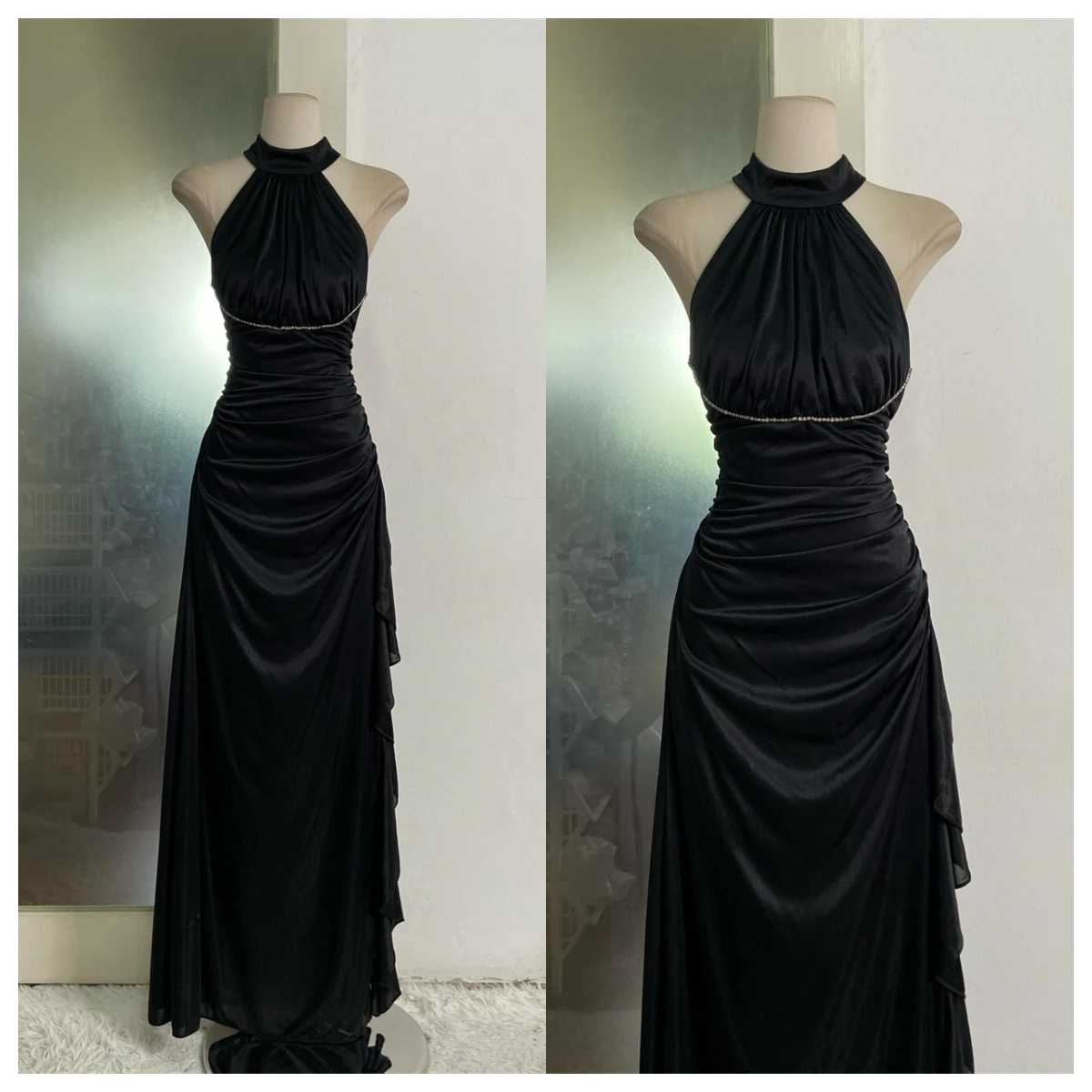 Vestido de noche de gasa negro personalizado de alta calidad, sin mangas, con cuello Halter, para ocasiones especiales, fiesta nupcial, espalda abierta, moda