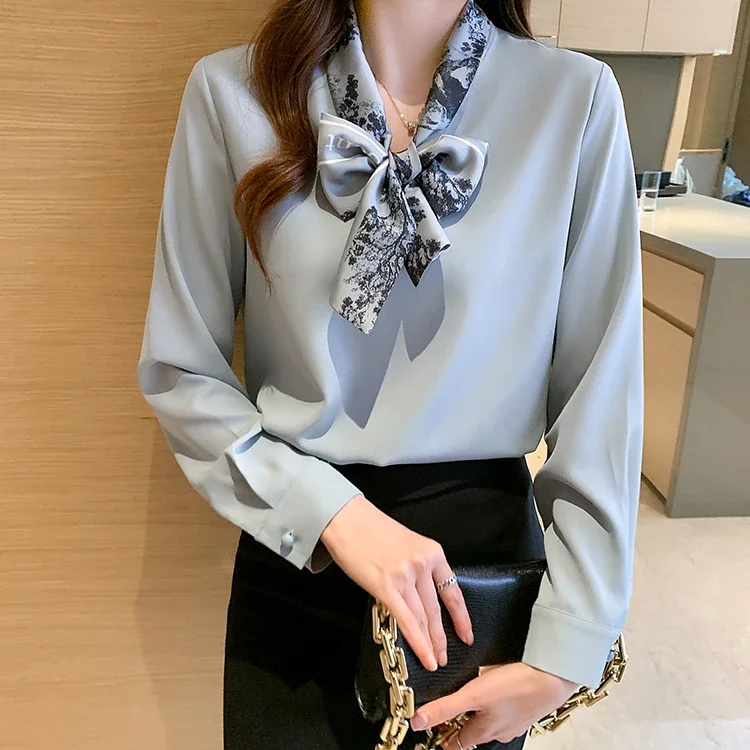 

Elegant Autumn Bow Chiffon Simple Office Lady Blouse Female Shirt Loose Tops Long Sleeve Casual OL Blouses Women D239