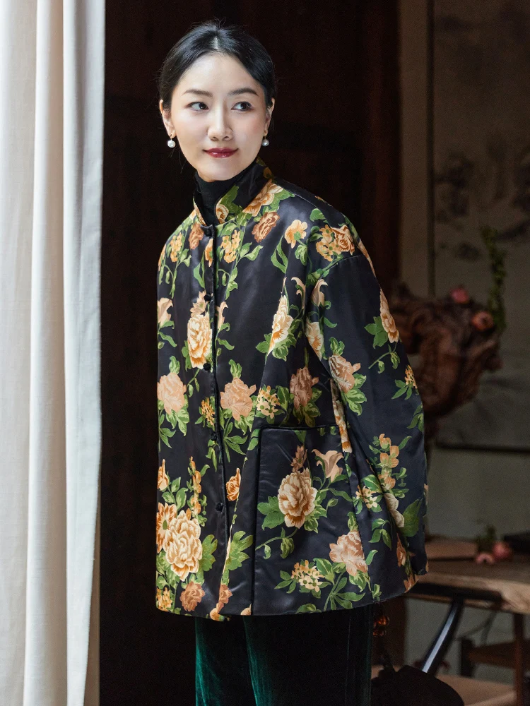 

Silk Embroidered Stand Collar ort Jaet Women's Chinese Sle Revamped Tang Suit Cotton Lined Outerwear Winter New Arrival