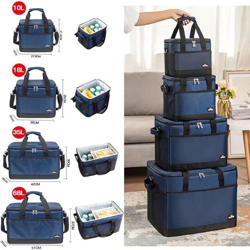 

10 L/18 L/35 L/68 LCooler Box Foldable Lunch Box Cold Storage Bag with Hard Lining for Camping/BBQ/Family Outdoor Activities