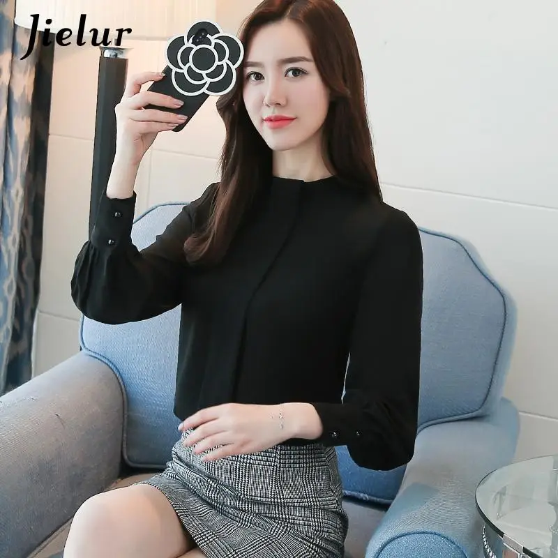 Jielur Blusas Mujer De Moda 2022 Long Sleeve S-3XL Size Chiffon Blouse Women Shirts Solid Color Office Lady Tops Womens Tops