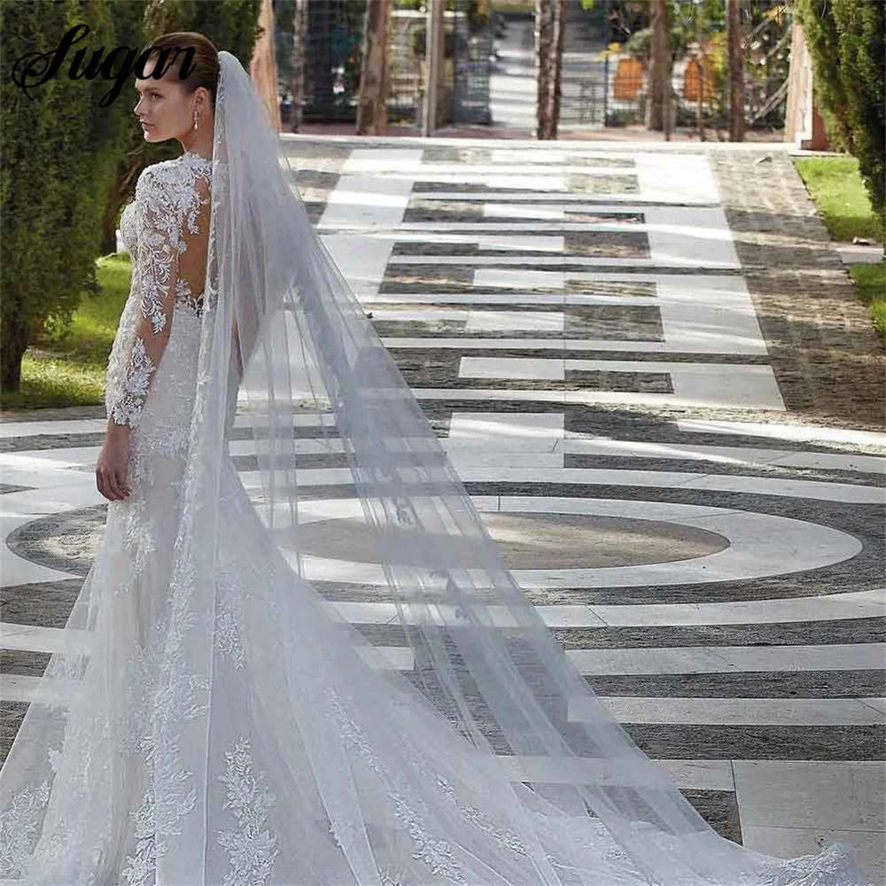 シースマーメイドセクシーなウェディングドレススクープネック長袖アイボリーウェディングドレス素朴なレースのブライダルドレス背中の開いたvestidos de novia