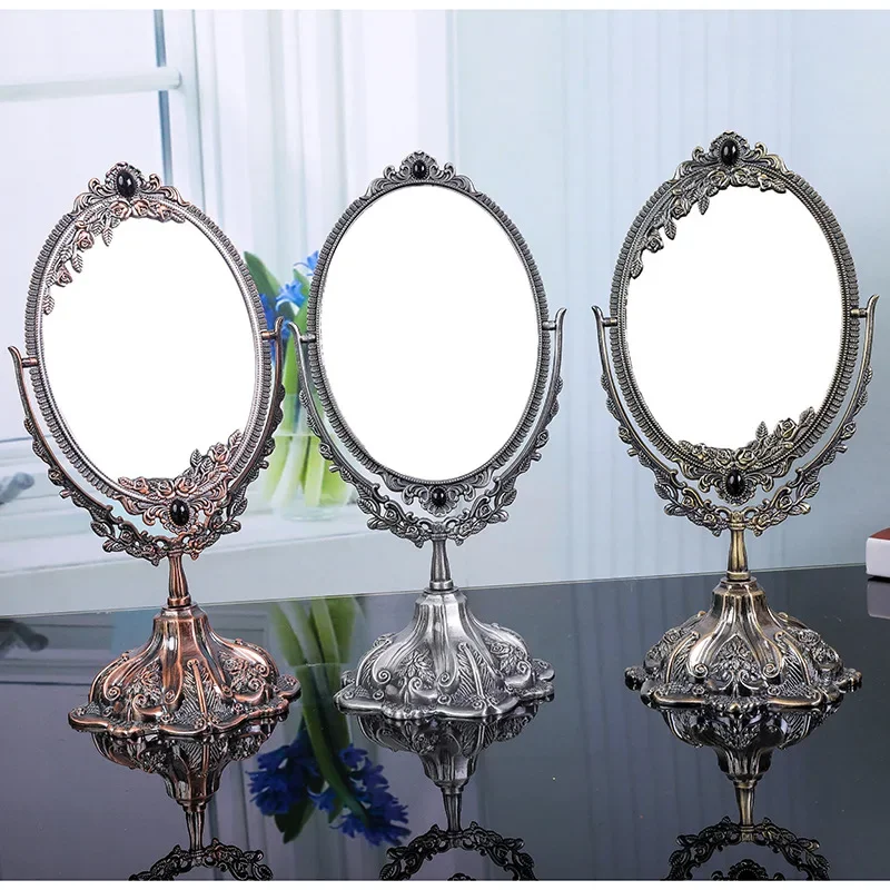 Double-sided Vintage Makeup Mirror Rotatable European Desktop Mirror Oval Makeup Mirror Bedroom Living-Room Dresser Decoration