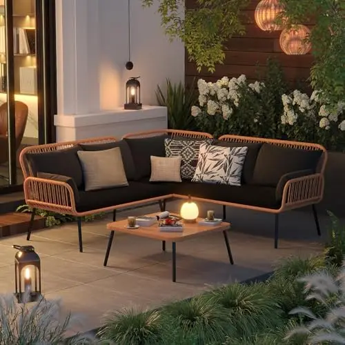 4-Piece Outdoor Wicker Patio Furniture Set with Cushions & Square Table, Black