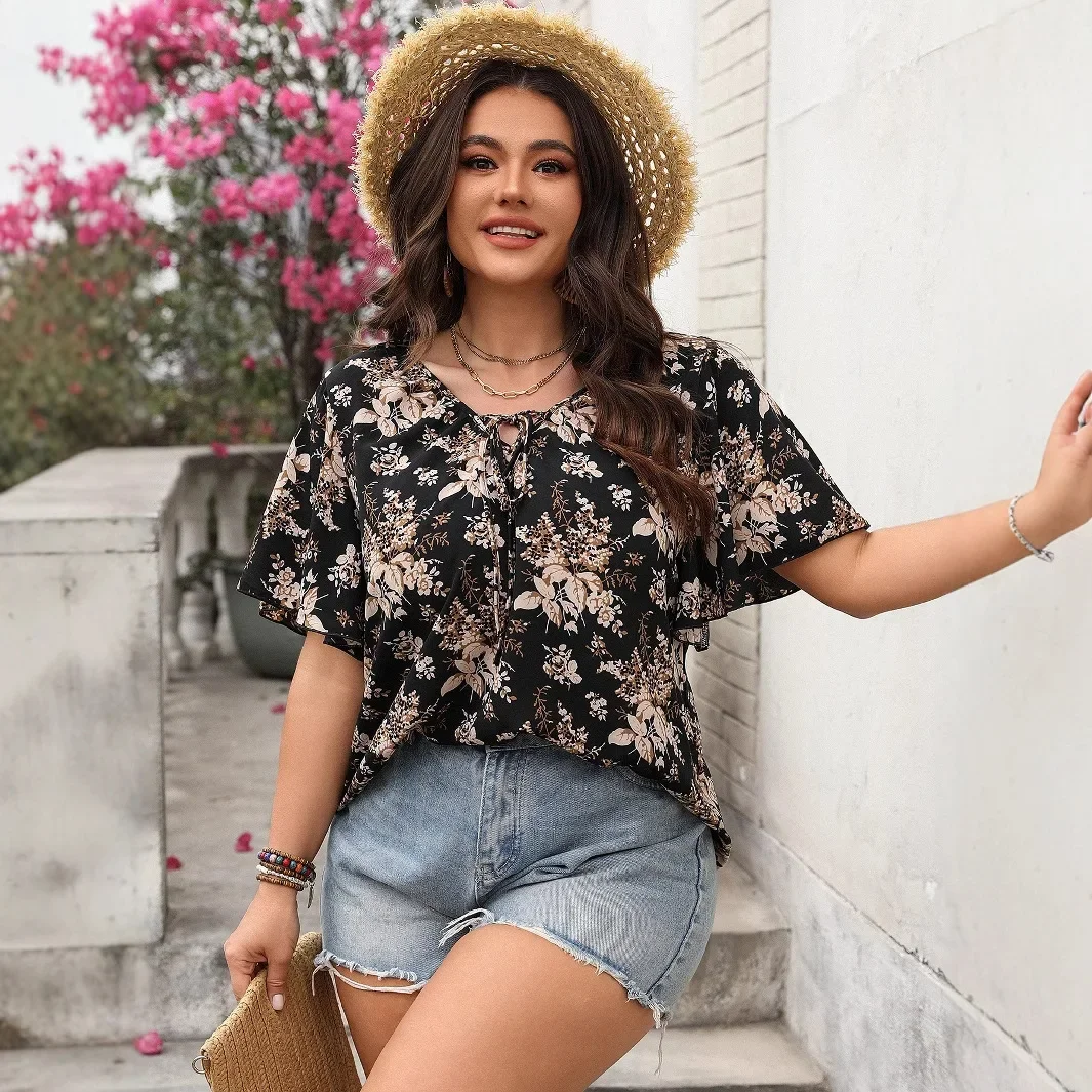 

American large-size women's clothing 2025 spring and summer foreign trade temperament casual printing short-sleeved top