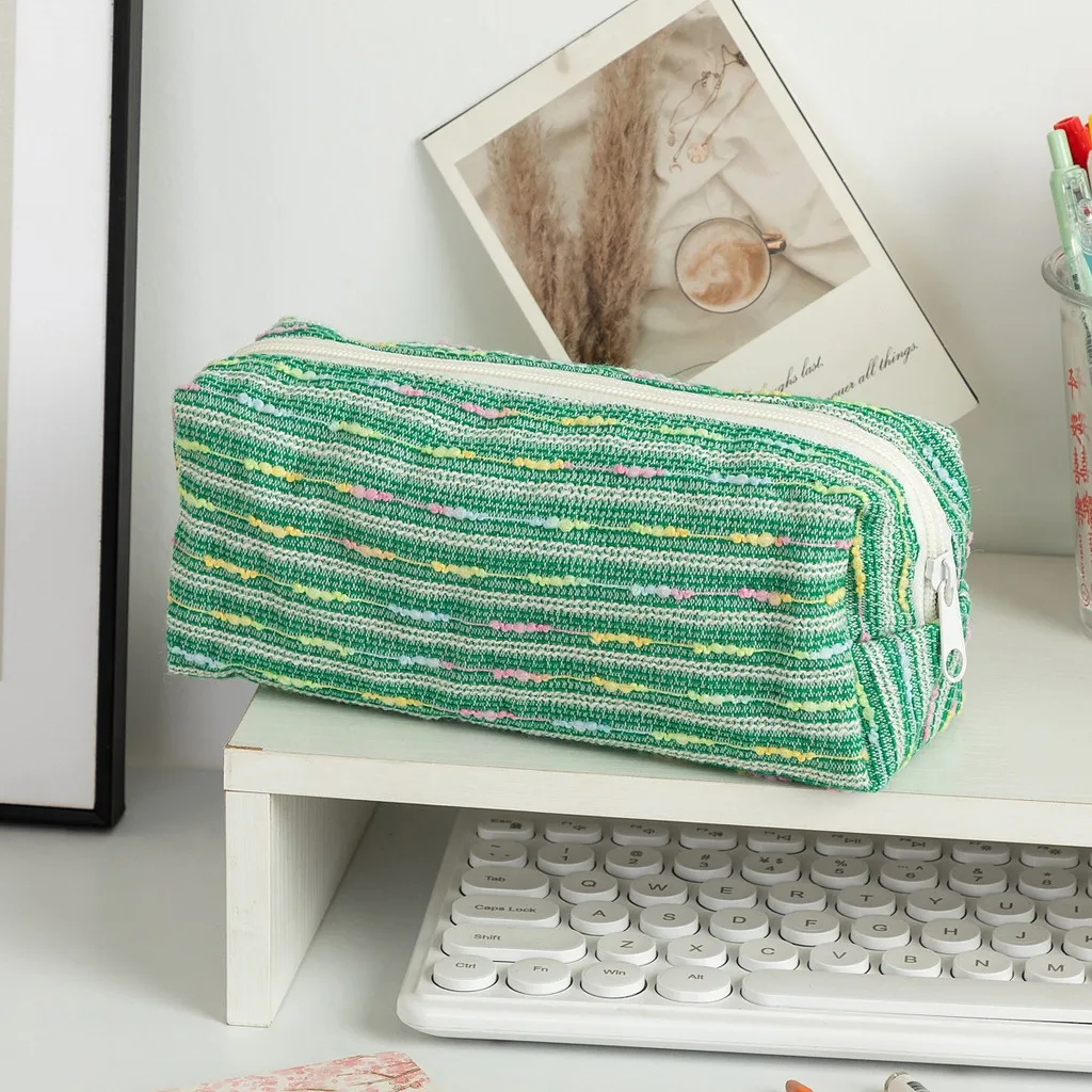 Woven Pencil Bag Large Capacity Storage Bag Color Striped Pencil Bag Smooth Zippered Desk Organizer Pouch For Small Office Desk