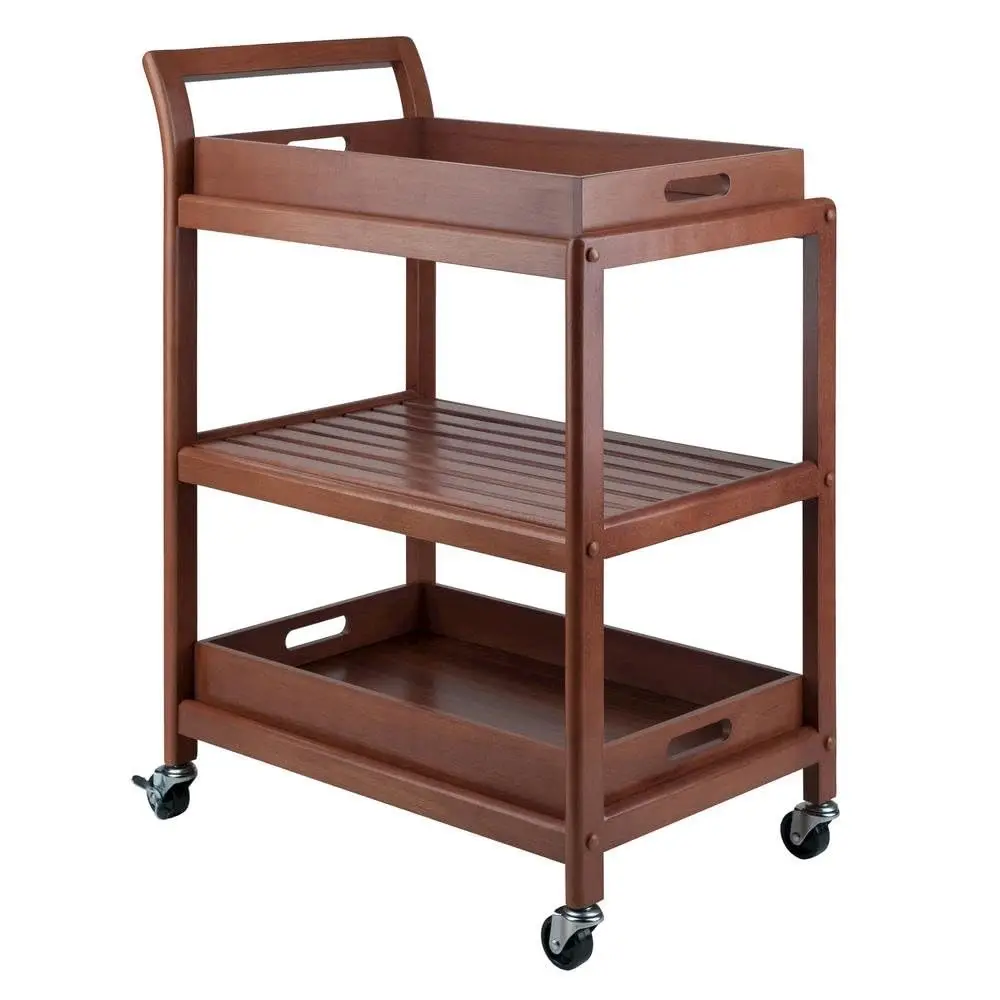 Solid Wood Kitchen Cart On Wheels with Removable Serving Trays, Slatted Shelf & Locking Casters, Versatile Bar Cart, Customized