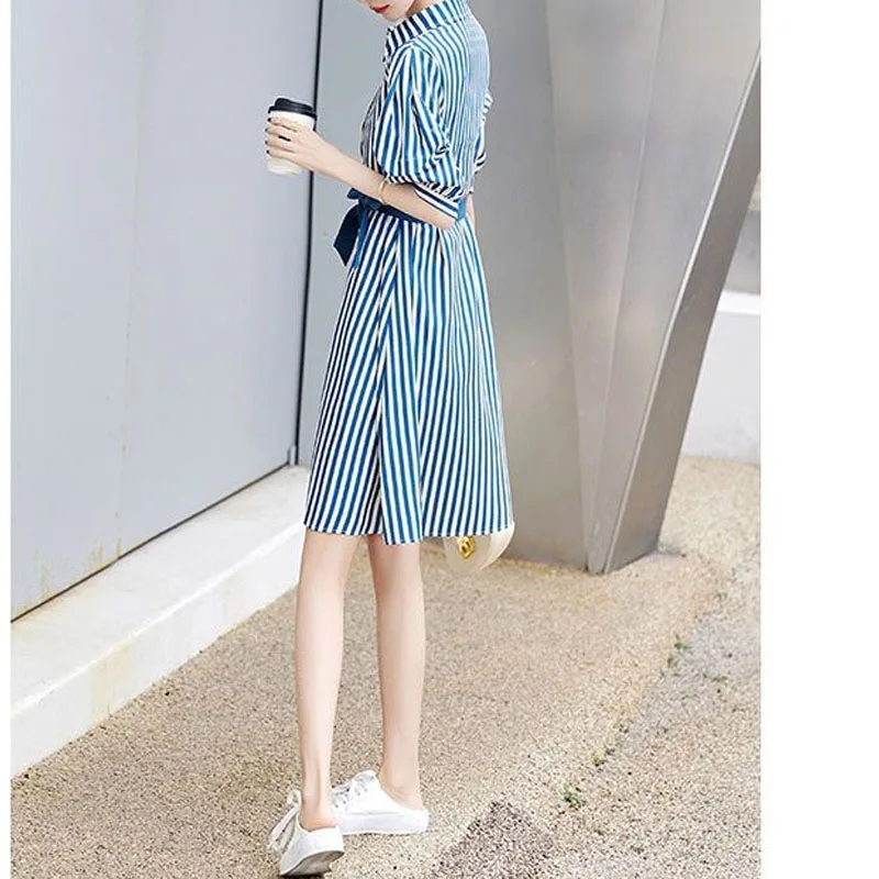 Commuter Minimalist Summer New Women's Square Collar Button Striped Elegant Trendy Slim Comfortable Half Sleeve Lacing Dress