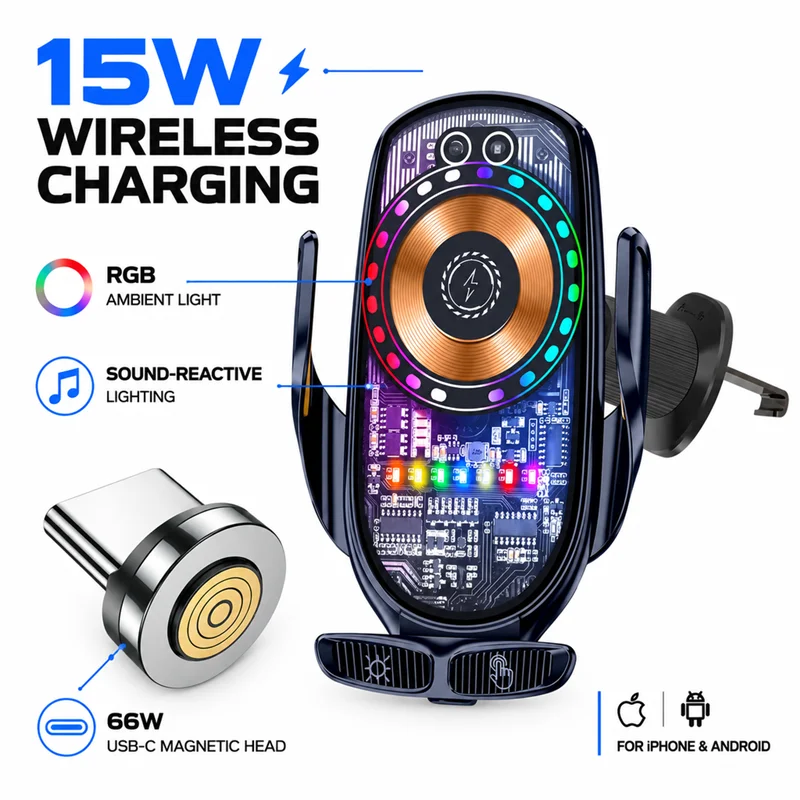 15W Auto Wireless Charger Stand RGB Music Sync Light 360 Rotate Bracket +66W Magnetic Type C Charger For iPhone Android Phone