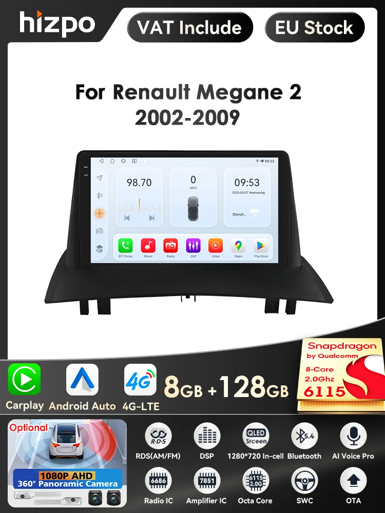 9 ''6115 Intelligent Scherm 2din Android Autoradio Multimedia Video Player voor Renault Megane 2 2002-2009 GPS Nav Carplay 4G RDS - afbeelding 2