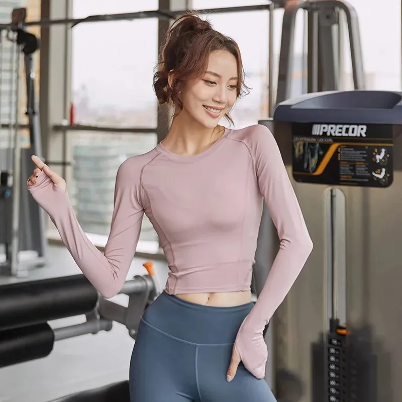 Women Cropped Yoga Top Thumb Hole Long Sleeve Slim Tight Gym Running Sport T Shirt Autumn