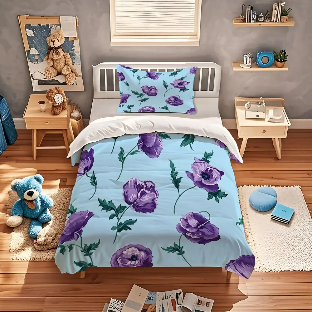Flower Duvet Cover Set Floral Digital Print Bedding Set Soft Microfiber Botanical Bedspread Home Bedroom Decor No Filler