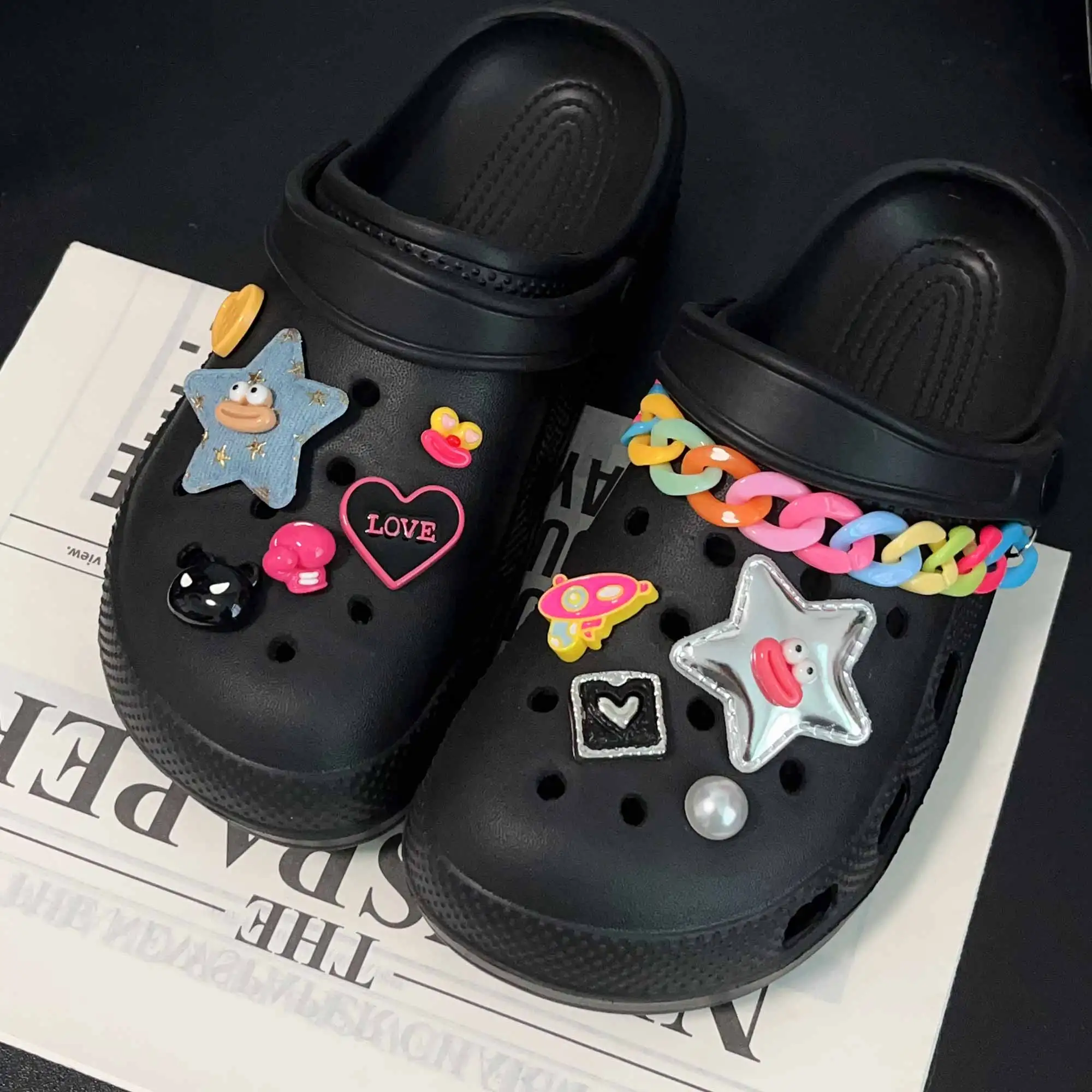 

INS Colorful Funny Cartoon Star Chains Pearl Set Shoe Charms for Crocs Garden Sandals Slipper Accessories Decorations Girl Gift