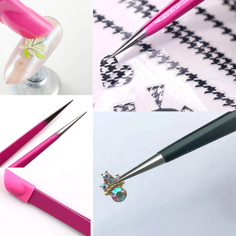 Pincettes à Double tête en acier inoxydable, 1 pièce, multi-usage, tête de pressage en Silicone, autocollants pour ongles, pincettes à cils, cueilleur de strass