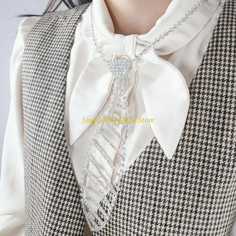 N5KE Crystal Neck Tie Long Narrow Necktie Necklace Jewelry Accessories for Women Girl