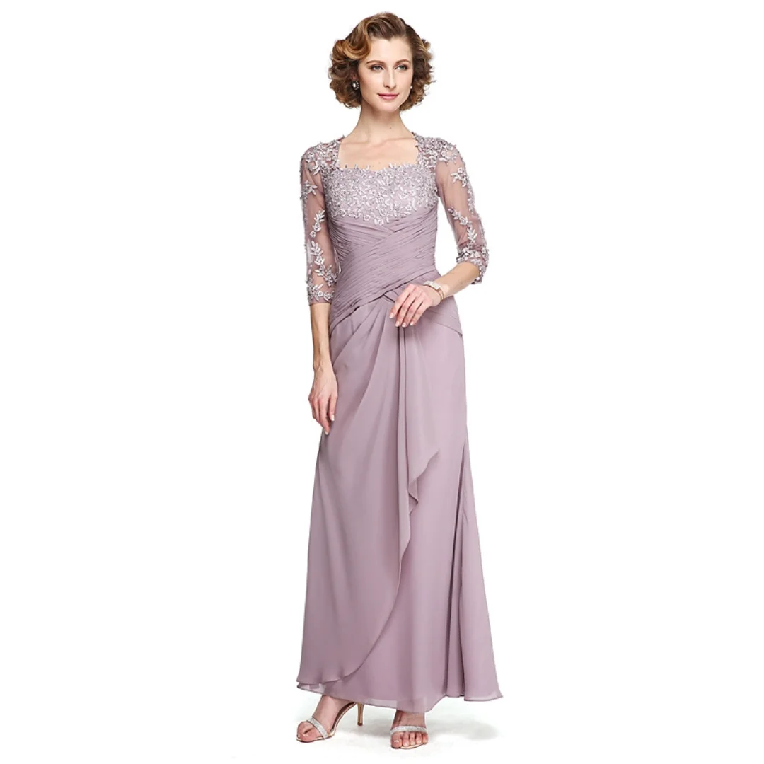 Customized Lavender Chiffon Mother of the Bride Dress Lace Appliques Square Long Sleeve Formal Gown Floor-Length Wedding Attire