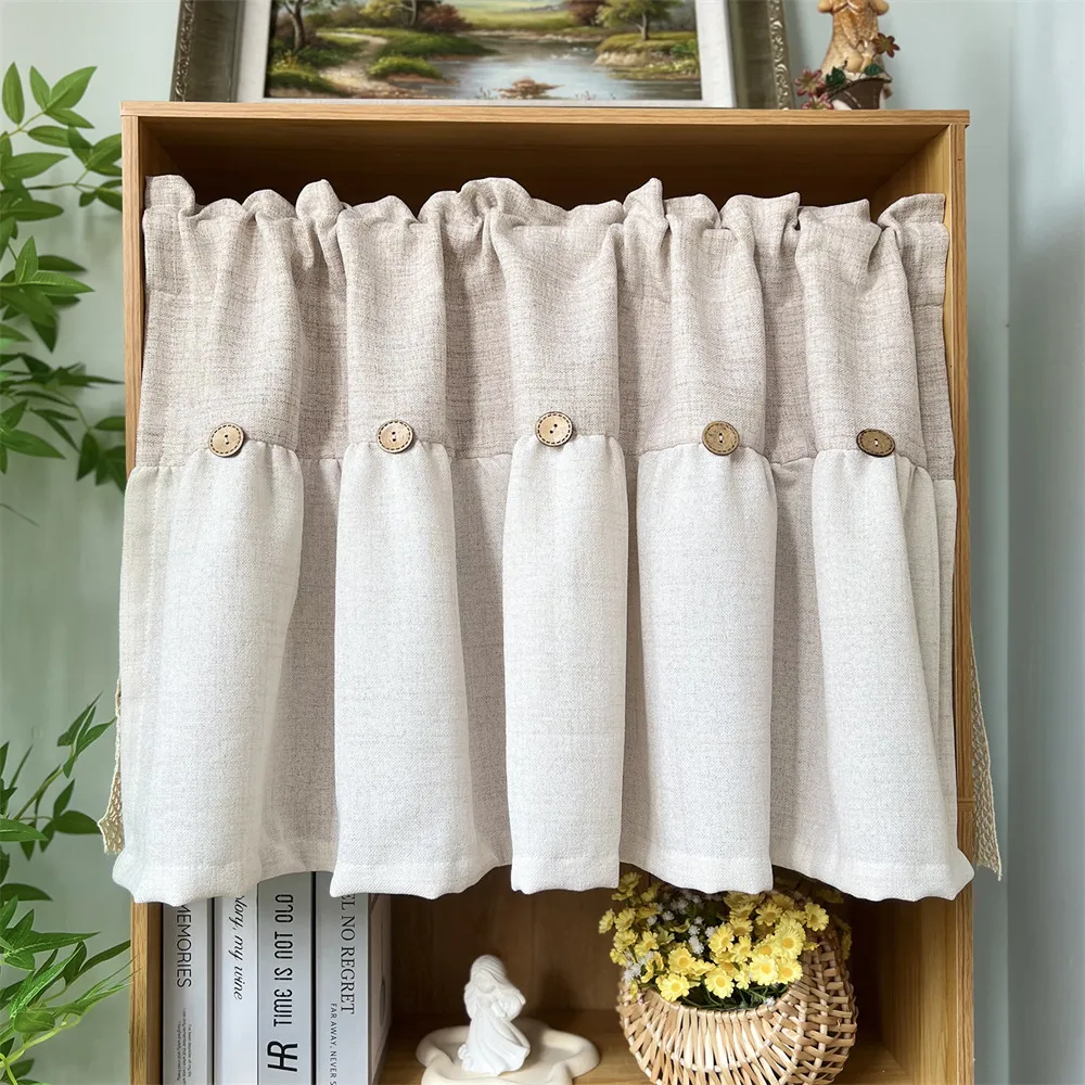 Vintage Short Splicing Curtain Cloth Creative DIY Button Design Half Curtain Kitchen Living Room Office Window Treatment Decor