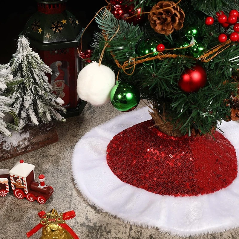 Christmas Tree Skirt Glitter Sequin Tree Skirt Small Tree Mat with Plush Trim for Home Decoration