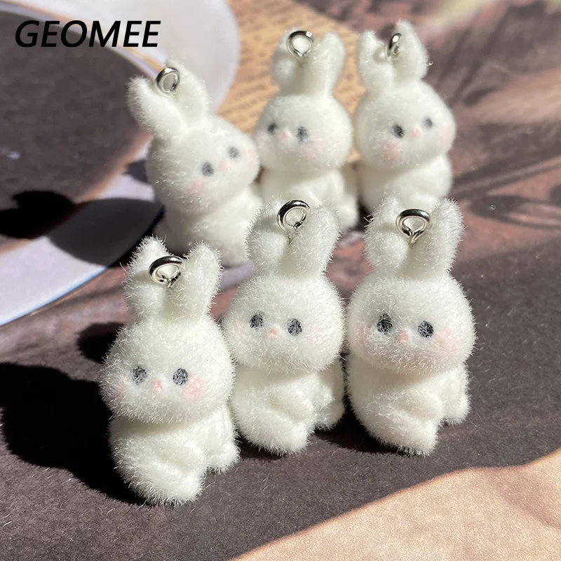 6pcs Fluffy Small White Rabbit Resin Charms Kawaii 3D Animal Pendant For Earring Necklace Diy Jewelry Make