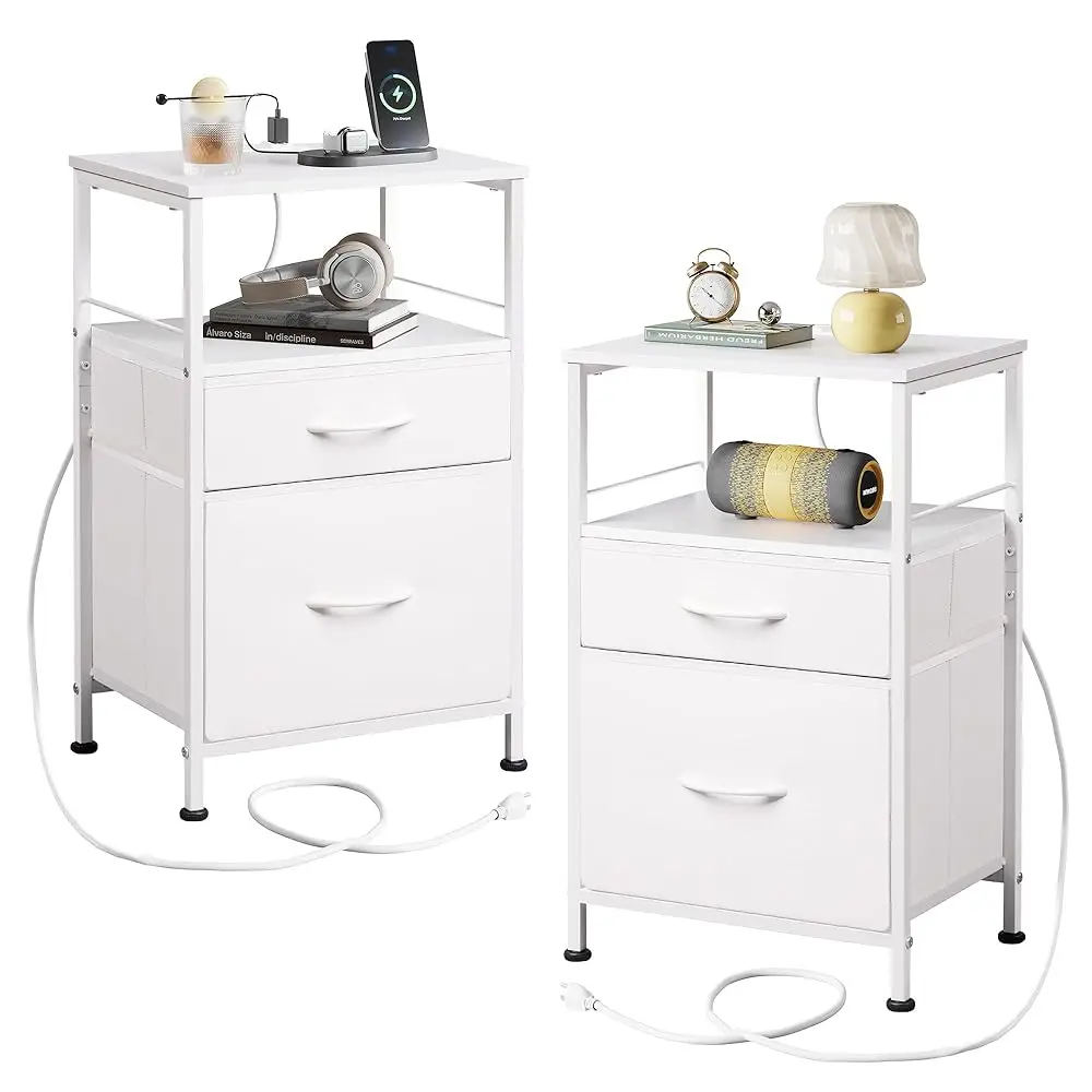 

Night Stand Set 2, White Nightstand With Charging Station, Nightstands For Bedroom Set Of 2, Bedside Tables, Side Table With 2