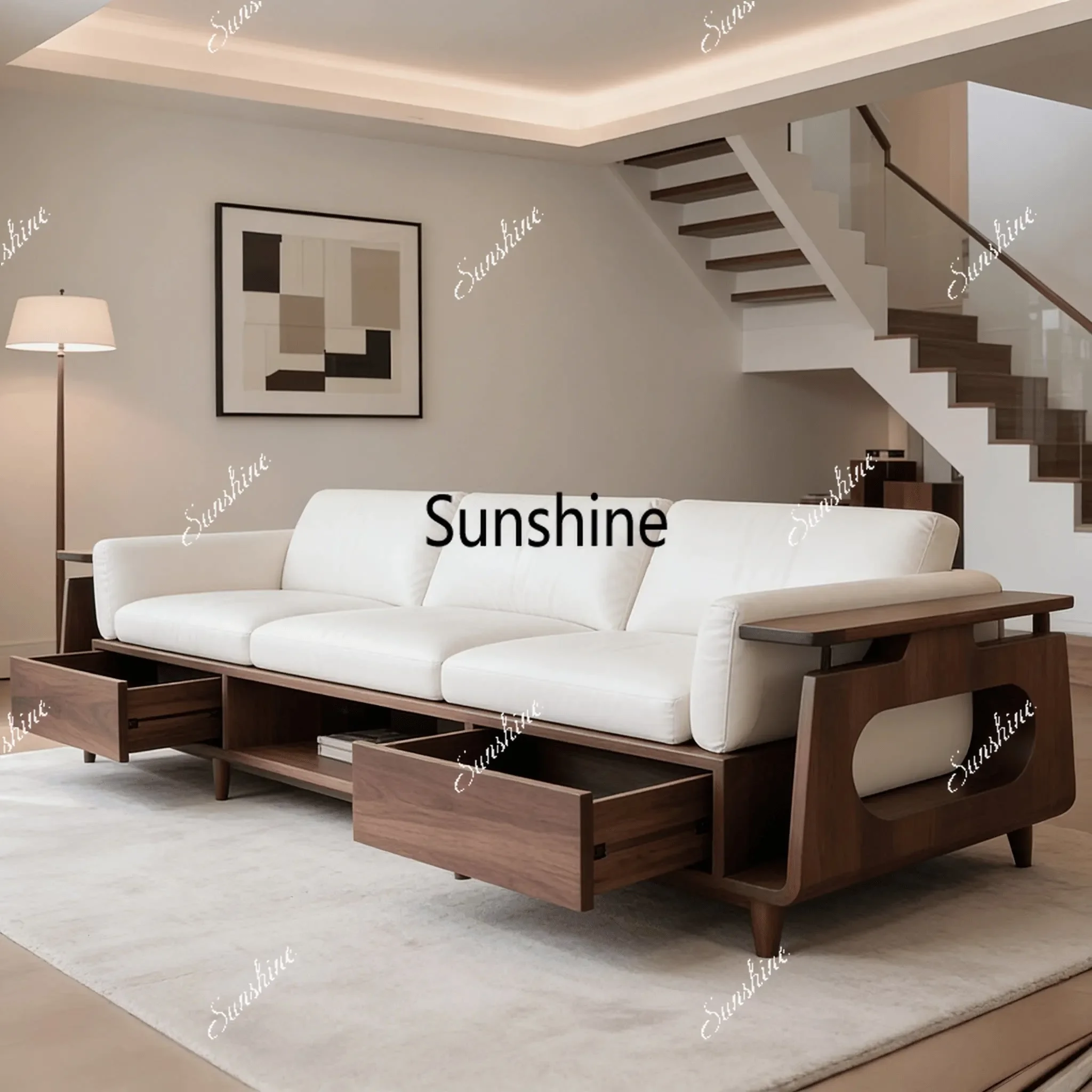 

YNew Chinese simple high-end solid wood sofa straight row fabric drawer storage fashion furniture