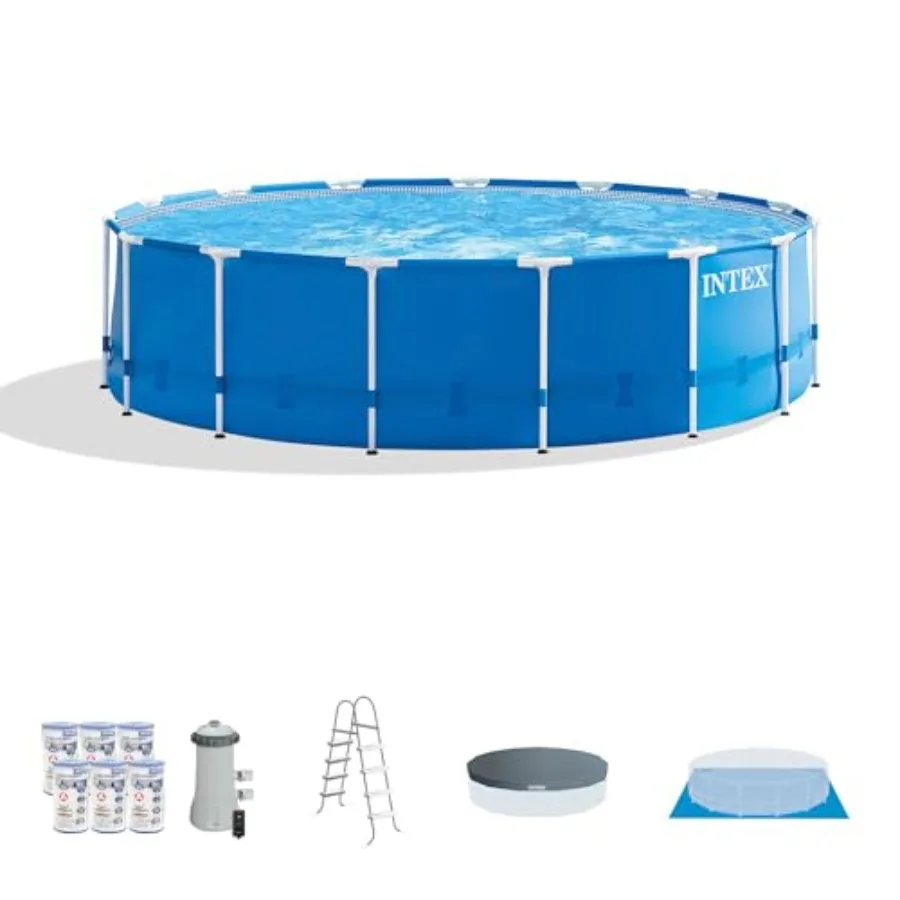 

Above Ground Frame Swimming Pool Set for backyard use, steel frame, blue, 15ft x 48in size with 120V 1, 000 GPH pump, filter ca