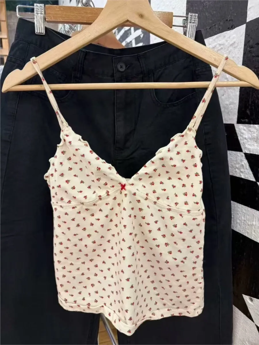 ارتفع الأزهار الفطريات تقليم القوس بروتيل المرأة عادية القطن سليم الخامس الرقبة تانك القمم الفتيات لطيف الحلو نمط Preppy سترات Y2K المحاصيل الأعلى