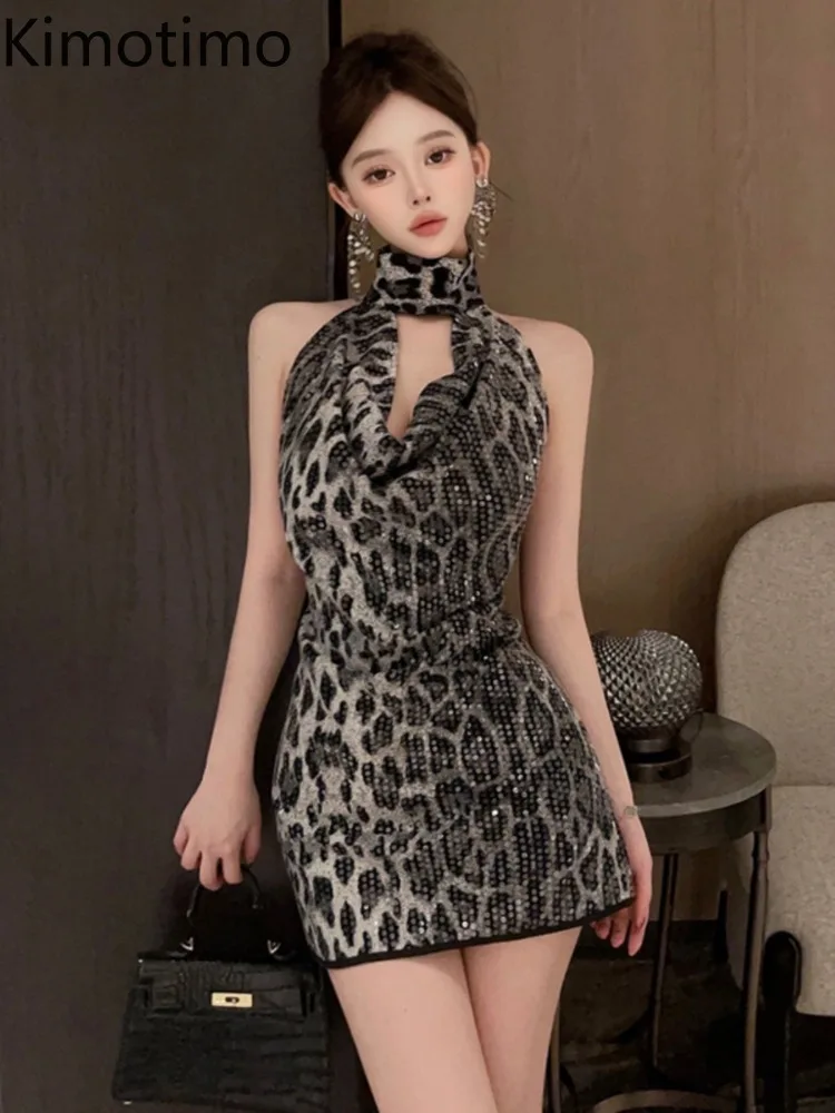 

Kimotimo Sexy Large Backless Leopard Print Sequins Dress Women Summer Slim Sleeveless Evening Party Short Dresess Y2k Vestidos