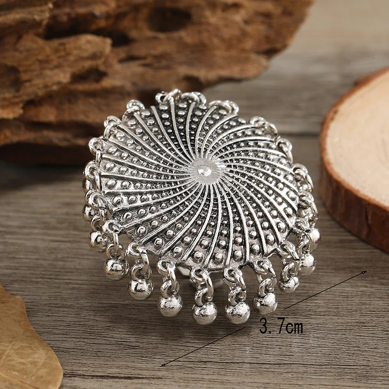 Ethnic Boho Silver Color Round Rings New Vintage Carved Beads Pendant Tassel Geometric Party Jewelry Gifts for Women