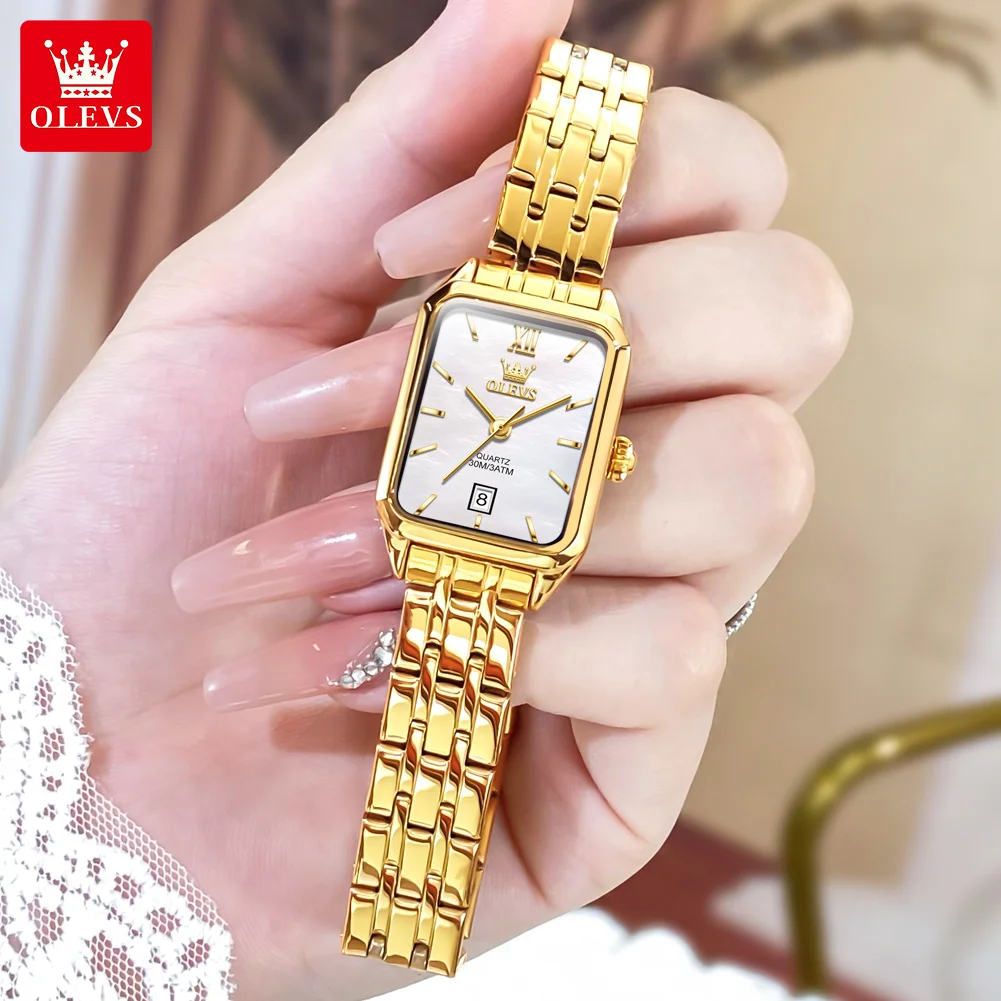 

OLEVS 5616 Rectangle Golden Quartz Watch for Women Luxury Brand Auto Date Waterproof Ladies Wristwatch Fashoin Woman Dress Watch