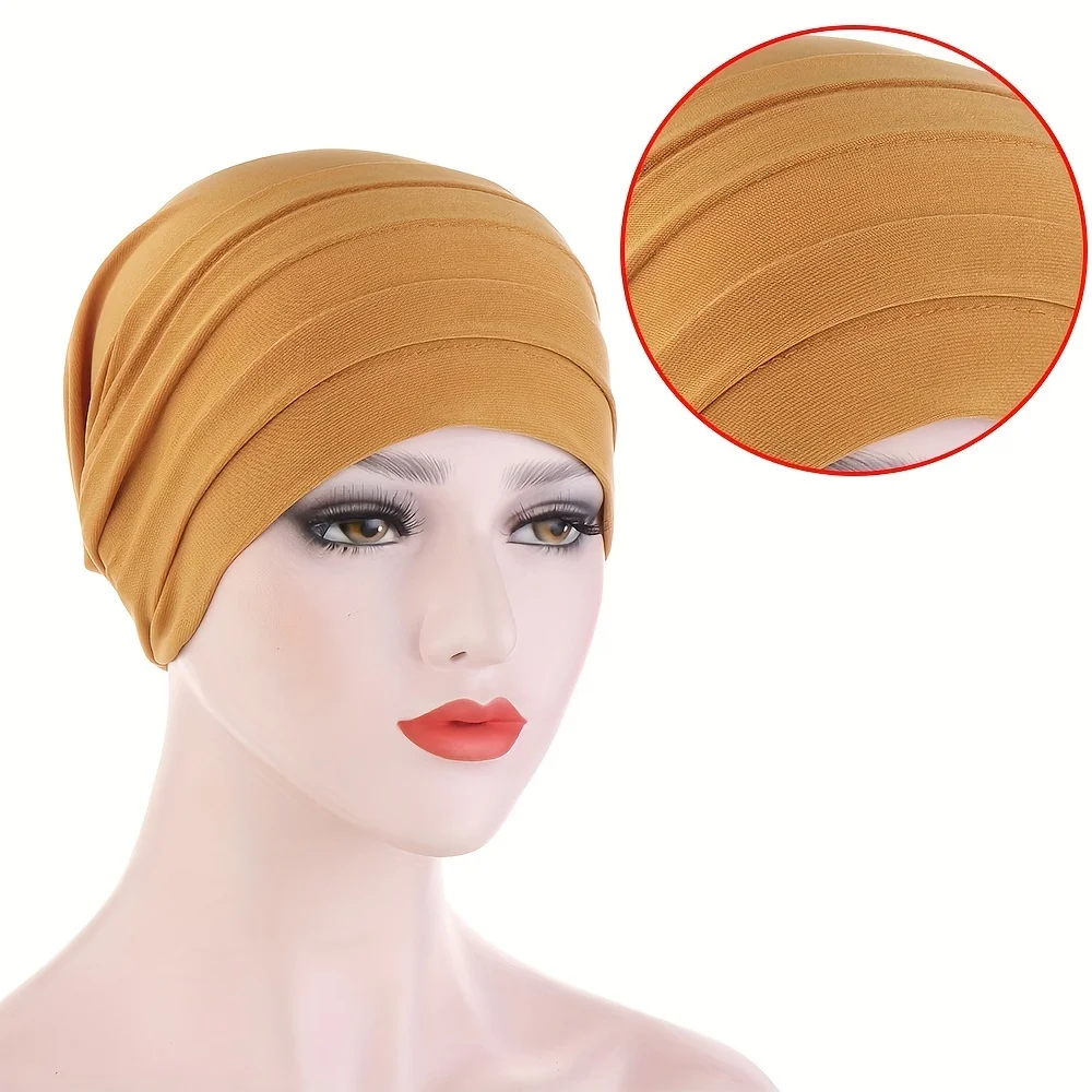 Solid Color Turban Lightweight Head Scarf Ramadan Head Wrap Breathable Elastic Beanie Cap Chemo Hat