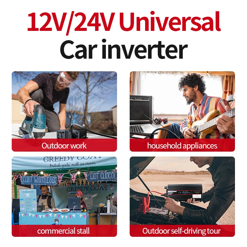 3kw 12v 24v to 110v 220v Car Inverter Solar Home Power Converter Digital Display USB Charging AC Universal US EU Socket Plug