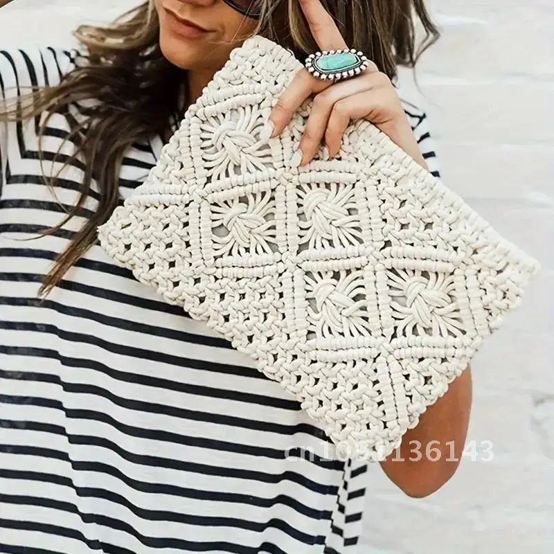 

fashion rope woven clutch bag for women casual hollow beach handmade purses out summer bags clutch tassel 2024