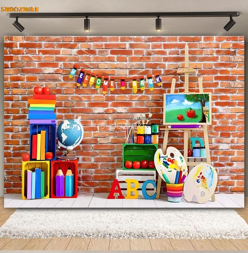 Back To School Backdrop Blackboard Book Pencil First Day of Preschool Chalkboard Classroom Children Photography Background Decor