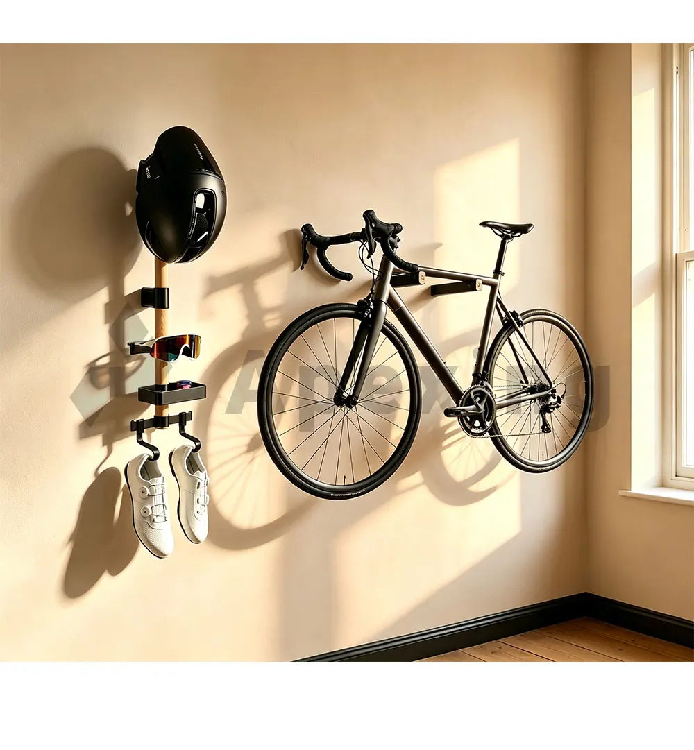 A1 Wandmontierte Fahrradaufbewahrung: Helmhalter, Sonnenbrillen- und Schuhhalter, Holzhalterung, Fahrrad-Garagen-Organizer – Detail 5