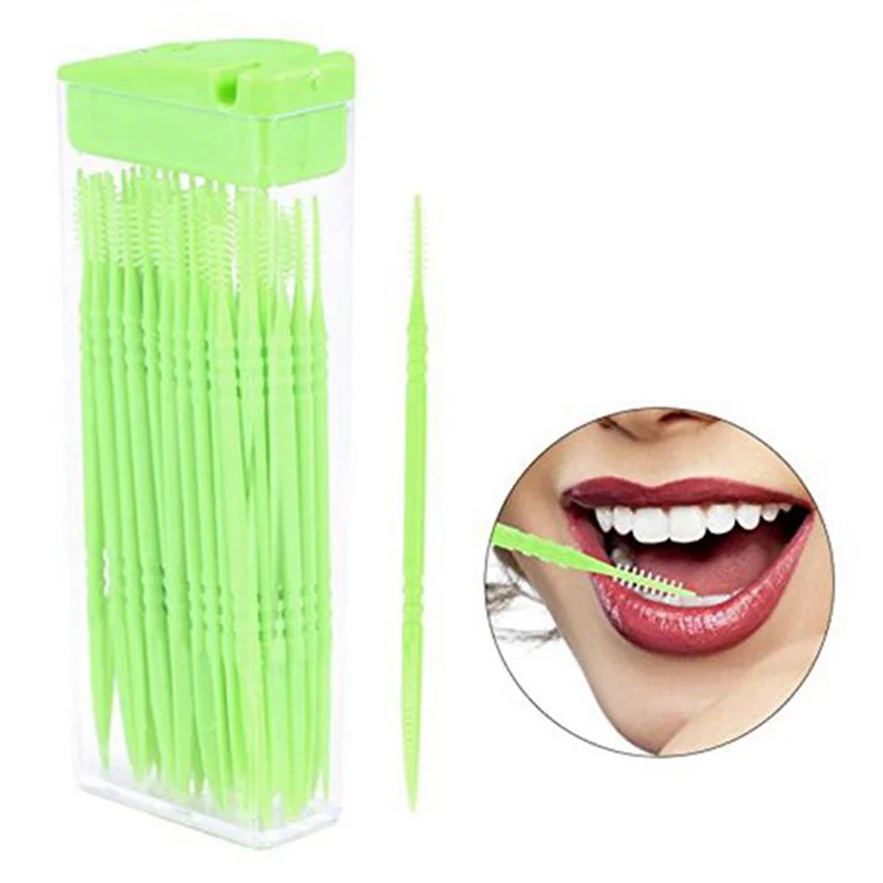 AB33-500 Pcs Plastic Toothpicks 2 Way Tooth Picks Interdental Brush Cleaners Portable Box Random Color