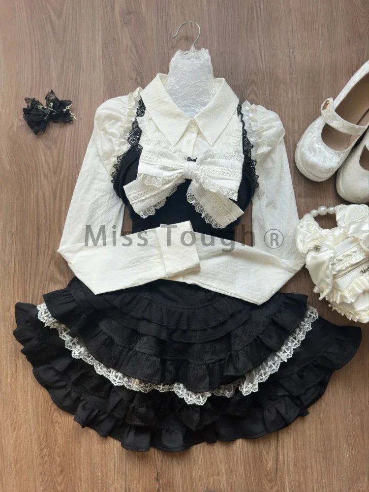 Y2k Aesthetic Lolita Style 3 Piece Set Women Kawaii White Shirt Bow Lace Vest Ruffle Mini Skirts Japan Fashion Gothic Skirt Suit