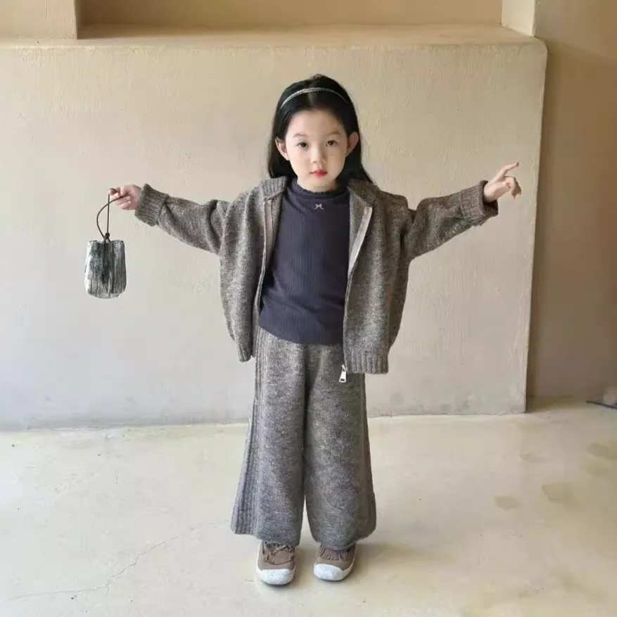 Girls Set Autumn New Korean Version Casual Fashion Western-style Daily Knitted Jacket Casual Pants Temperament Daily Wear