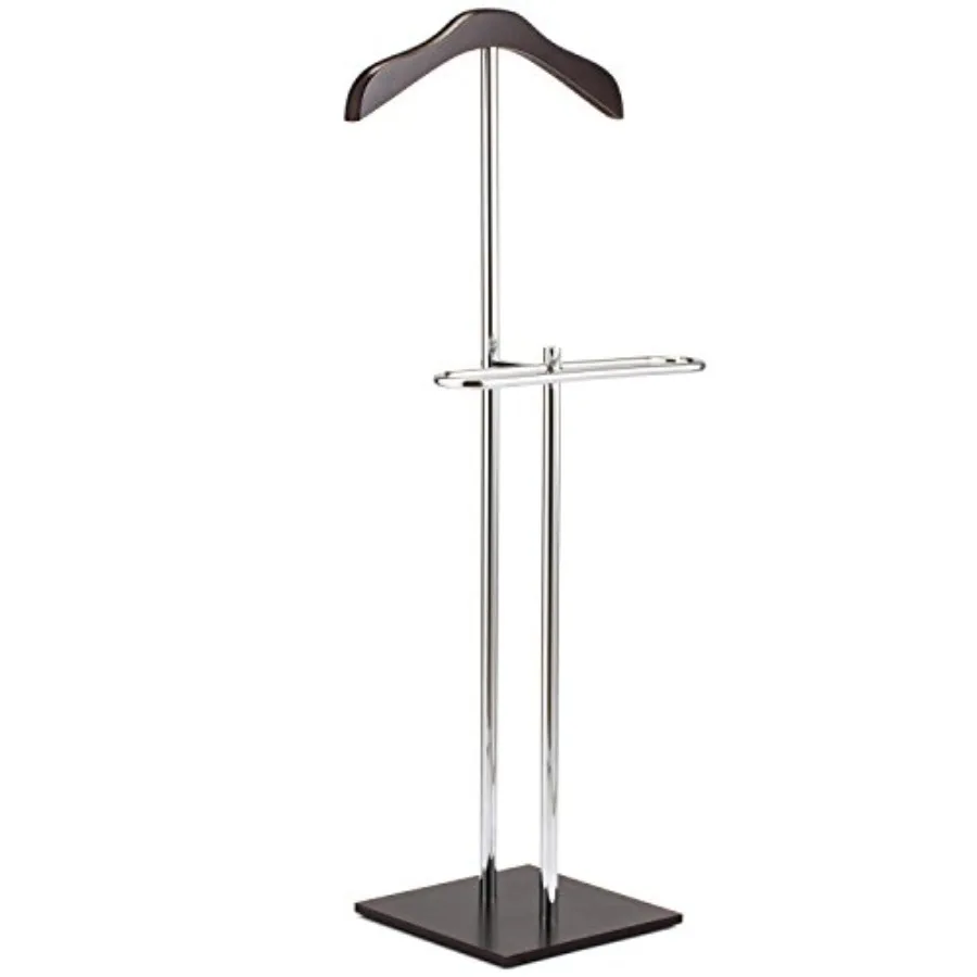 

Brown Wood and Metal Valet and Suit Stand Executive Men's Garment Organizer Rack Coat and Pants Hanger