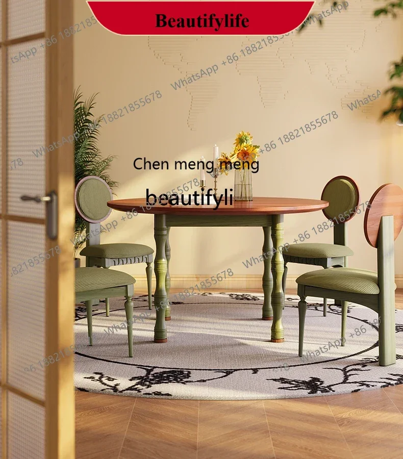 z183  Solid wood round dining table small apartment French retro round table chair green antique ash wood