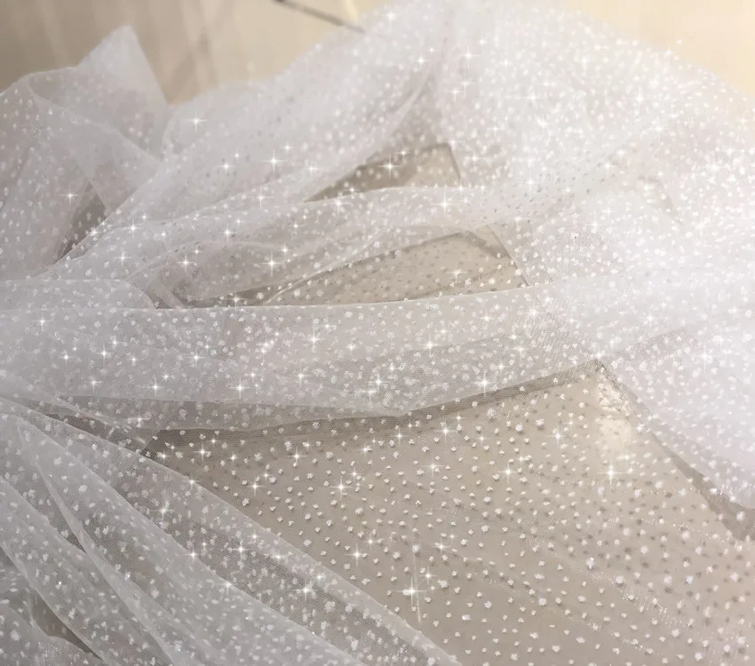 Super Fairy White Dotted Glitter Scene Dessert Bar Layout Mesh Soft Draping Fabric for Wedding Dress Fabric