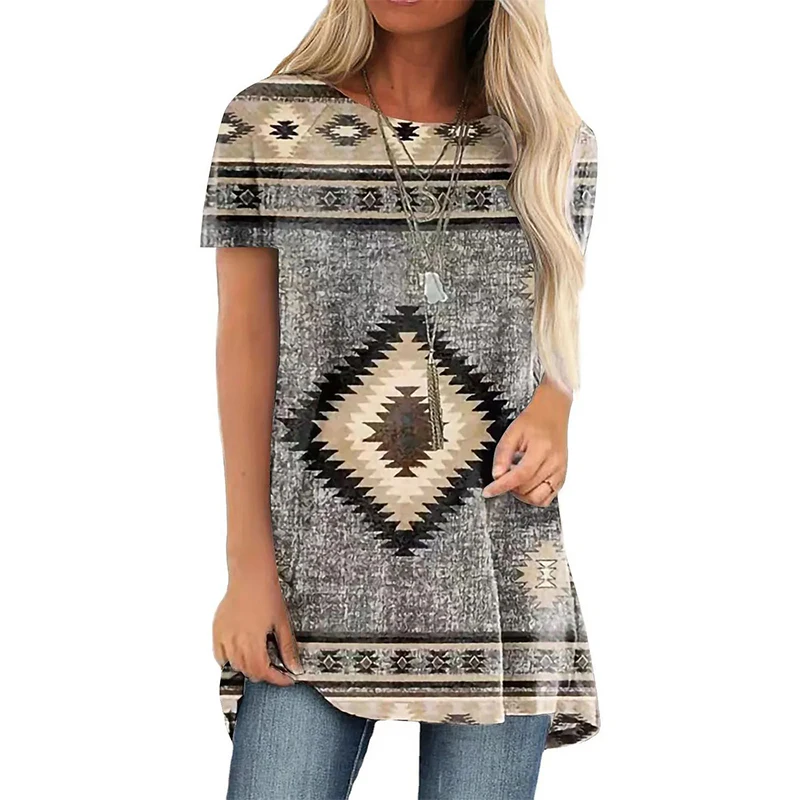 Zachodni etniczny styl T-shirt 3D nadruk geometria Streetwear kobiety Retro tunika T-shirty Y2K topy Tees kobieta dziewczyna szeroka odzież — zdjęcie 7