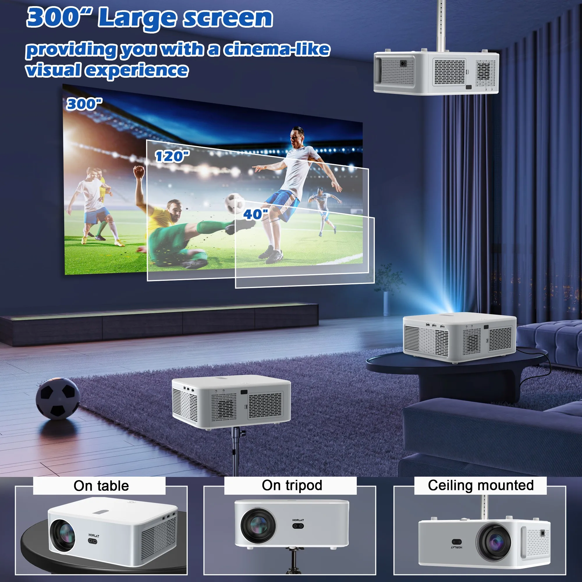 HORLAT 21000Lumens Android 4K Projector LED Beamer Full HD 1080P Video Home Theater Keystone 5G WiFi Portable Proyector