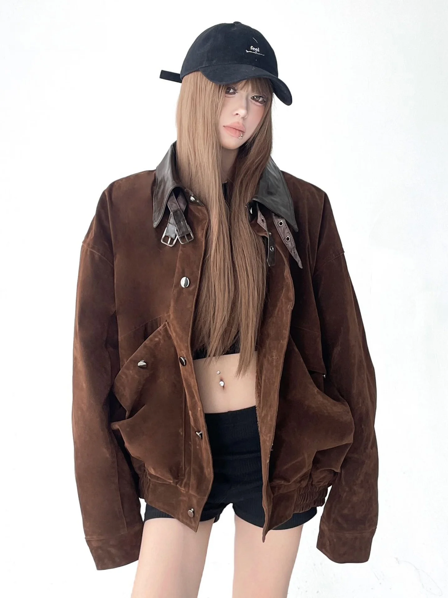 

Retro American Suede Workwear Collar Jaet Winter Thiened ort Coat Couple Matching Faux Fur Outerwear Polyester Blend