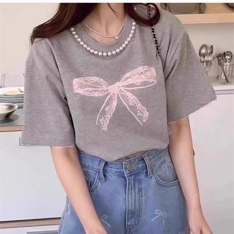 In Stock Summer New Pearl Round Neck Design Sense Bowknot Print Lace Trim Short Sleeve T-Shirt Women's Top